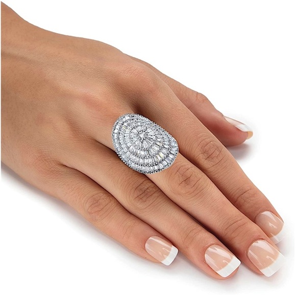 Sterling Silver Baguette Zircon Ring Statement Pave - Picture 1 of 13